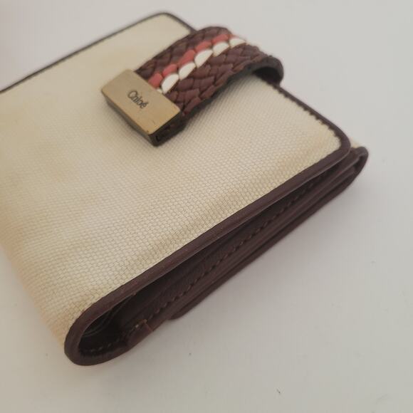 Chloe Canvas Leather Bifold Wallet Tan Brown Compact Bifold Small Box - Picture 10 of 10